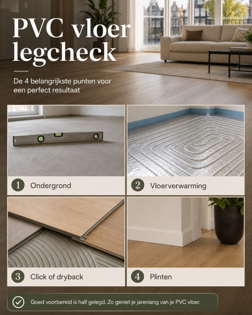 PVC Legcheck infographic met ondergrond, vloerverwarming, type PVC en plinten